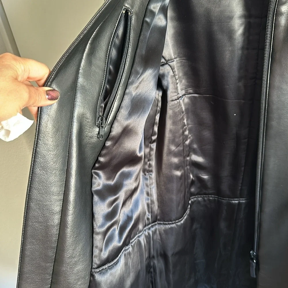 Emporio Armani Black Faux Leather Coat Zipper Front Size 52 Italian - Picture 6 of 14